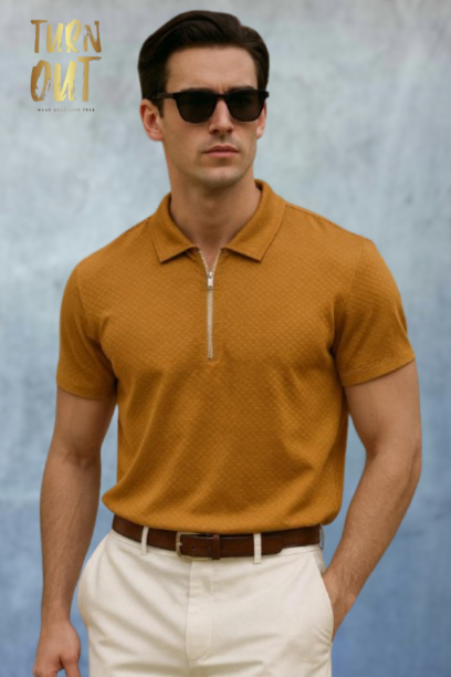 Men’s Texture Zipper Polo T-Shirt | Stylish Half Sleeve Textured Polyester Polo | Premium Casual & Summer Wear | Comfortable Fashion Tee Shirt for Men - Turnout