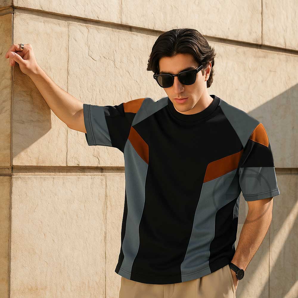 Multi Panel Color Block Oversized Drop Shoulder T-Shirt for Men – Stylish Streetwear Casual Wear – Fine Jersey Fabric – Trendy Loose Fit Graphic Tee - Turnout