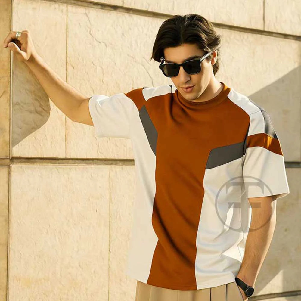 Multi Panel Color Block Oversized Drop Shoulder T-Shirt for Men – Stylish Streetwear Casual Wear – Fine Jersey Fabric – Trendy Loose Fit Graphic Tee - Turnout