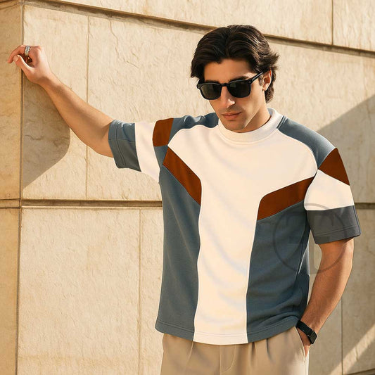 Multi Panel Color Block Oversized Drop Shoulder T-Shirt for Men – Stylish Streetwear Casual Wear – Fine Jersey Fabric – Trendy Loose Fit Graphic Tee - Turnout