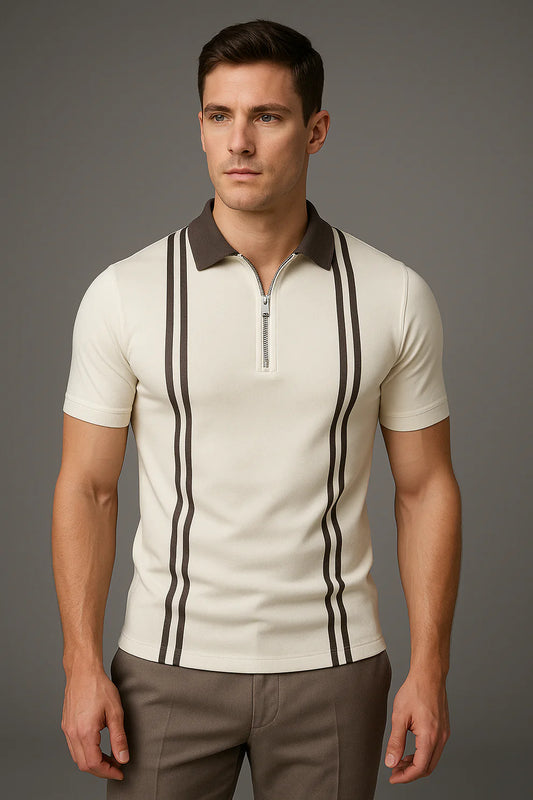 Turn Out- Zipper Striped Polo Shirt - White - Turnout