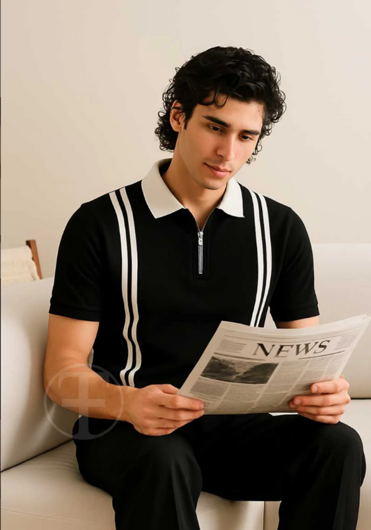 Turn Out - Zipper Striped Polo Shirt - Black - Turnout