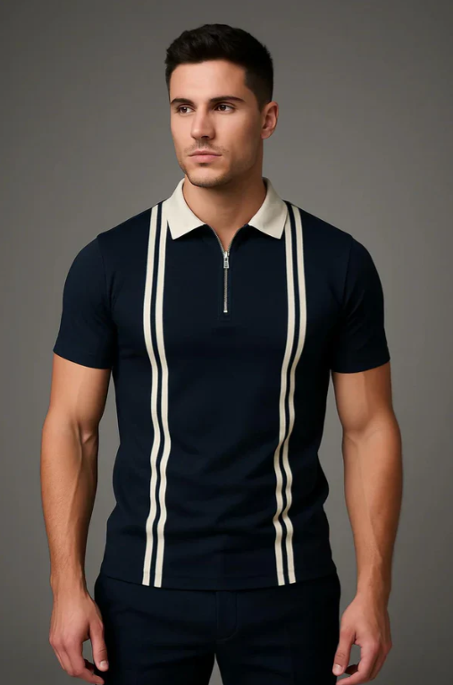Zipper Striped Polo Shirt - Navyblue - Turnout