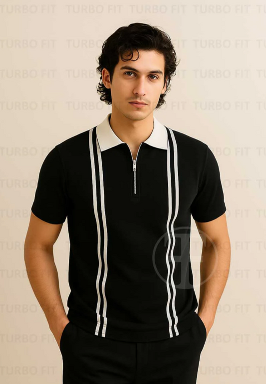 Turn Out - Zipper Striped Polo Shirt - Black - Turnout