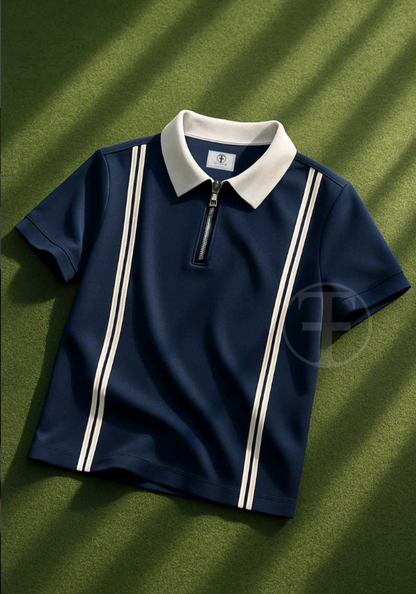 Zipper Striped Polo Shirt - Navyblue - Turnout