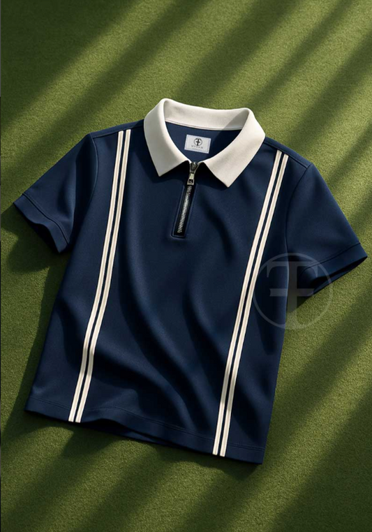Zipper Striped Polo Shirt - Navyblue - Turnout