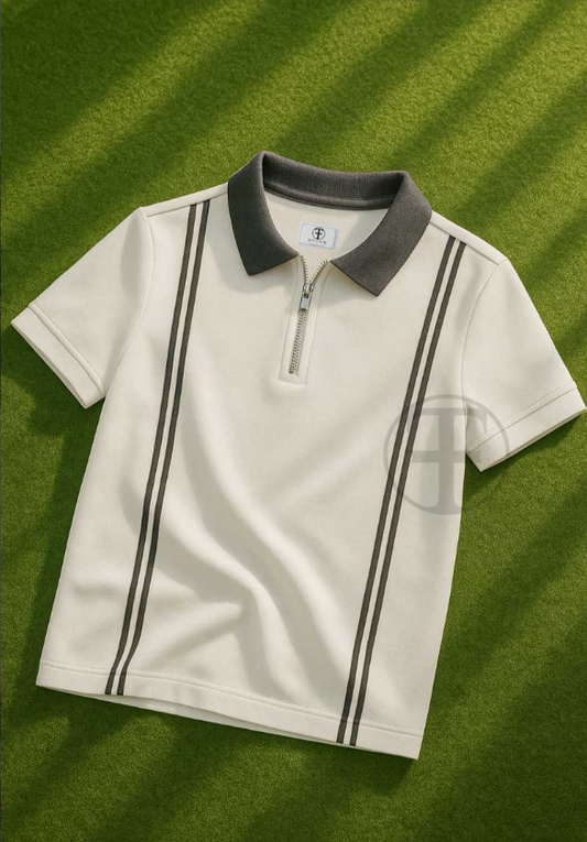 Turn Out- Zipper Striped Polo Shirt - White - Turnout